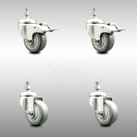 Service Caster 3.5 Inch 316SS Gray Polyurethane 10mm Threaded Stem Caster Lock Brake, 2PK SCC-SS316TSTTL20S3514-PPUB-M1015-2S2
